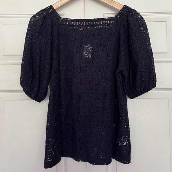 {LOFT} Lace Puff Short Sleeve Top in Navy - Womens XXS - NWT - Picture 6 of 9